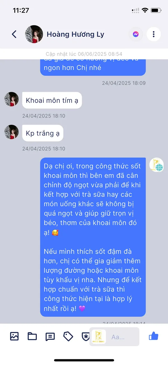 Tin nhắn trợ giảng hướng dẫn học viên công thức món