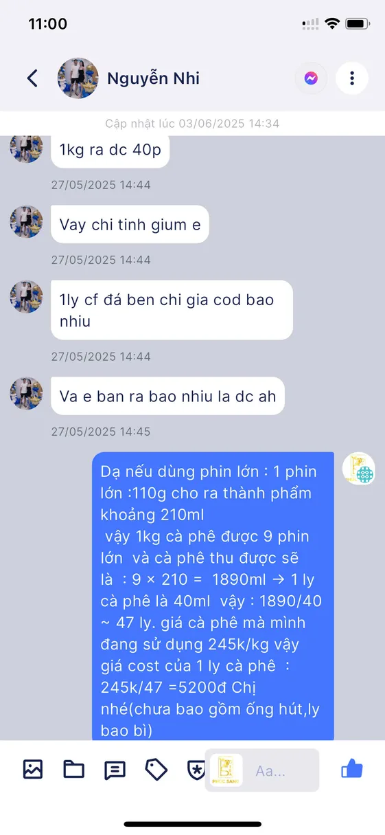 Tin nhắn trợ giảng hướng dẫn học viên tính giá cost