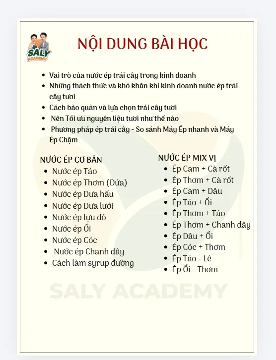 Poster mục lục bài học của khóa nước ép: phần kiến thức nền, nước ép cơ bản và nước ép mix vị