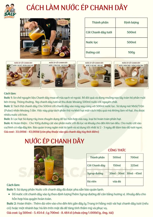 Một trang trong file giáo trình nước ép: bảng định lượng và bốn bước sơ chế minh họa bằng hình